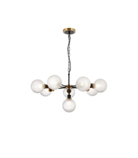Placid 84cm Pendant 8 Light E14 15cm Round Dimpled Glass Shade Brass Clear & Satin Black-1