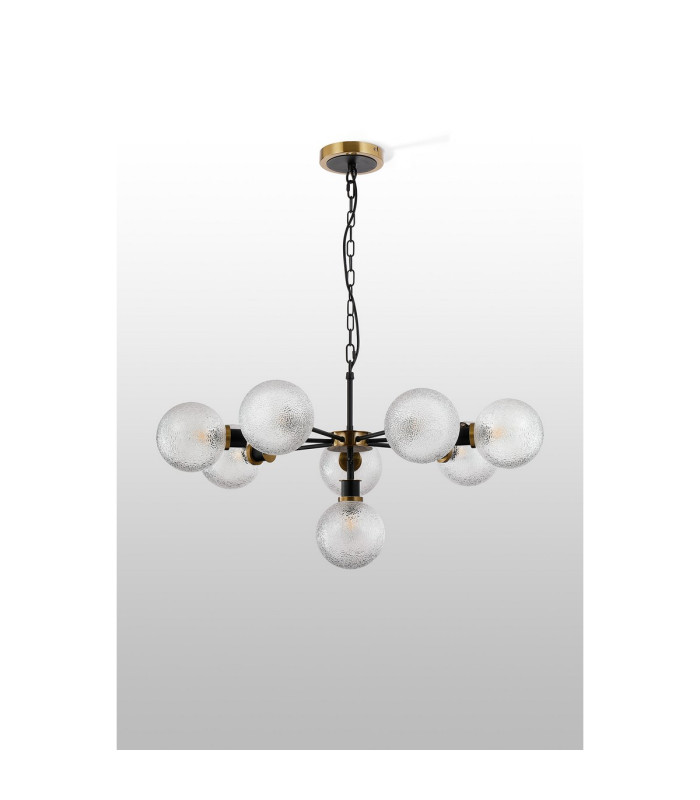 Placid 84cm Pendant 8 Light E14 15cm Round Dimpled Glass Shade Brass Clear & Satin Black-8
