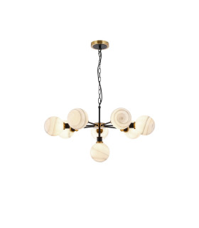 Placid 84cm Pendant 8 Light E14 15cm Round White & Grey Marble Effect Glass Shade Brass & Satin Black Framework-1