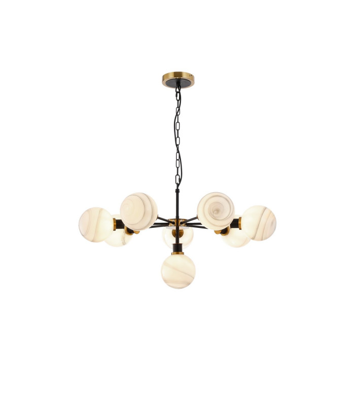 Placid 84cm Pendant 8 Light E14 15cm Round White & Grey Marble Effect Glass Shade Brass & Satin Black Framework-1