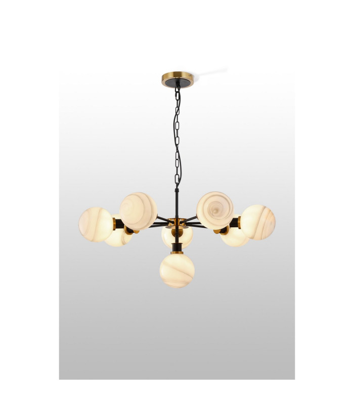 Placid 84cm Pendant 8 Light E14 15cm Round White & Grey Marble Effect Glass Shade Brass & Satin Black Framework-3