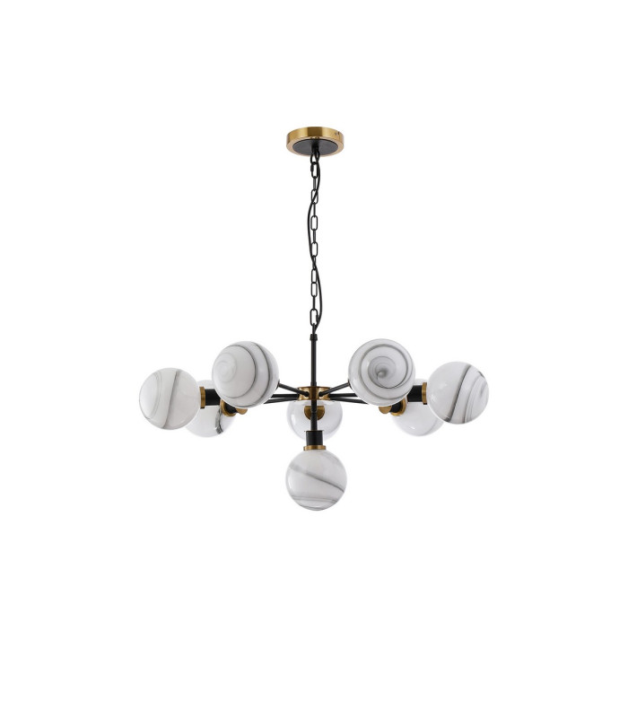 Placid 84cm Pendant 8 Light E14 15cm Round White & Grey Marble Effect Glass Shade Brass & Satin Black Framework-4