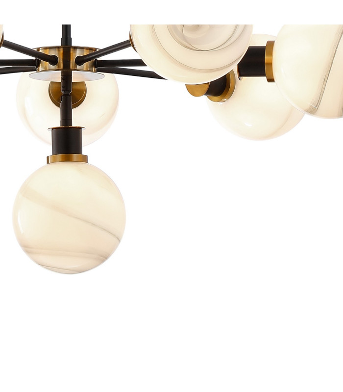 Placid 84cm Pendant 8 Light E14 15cm Round White & Grey Marble Effect Glass Shade Brass & Satin Black Framework-7