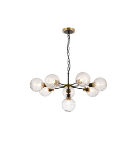 Placid 84cm Pendant 8 Light E14 15cm Round Textured Melting Glass Shade Brass Clear & Satin Black-1