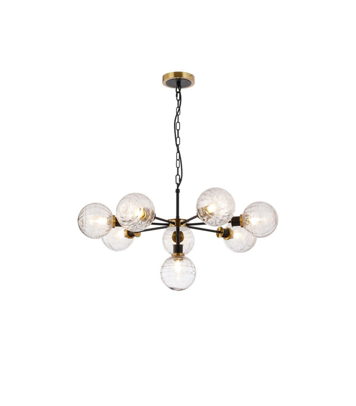 Placid 84cm Pendant 8 Light E14 15cm Round Textured Melting Glass Shade Brass Clear & Satin Black-1