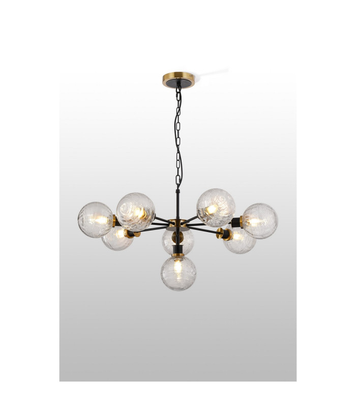 Placid 84cm Pendant 8 Light E14 15cm Round Textured Melting Glass Shade Brass Clear & Satin Black-3
