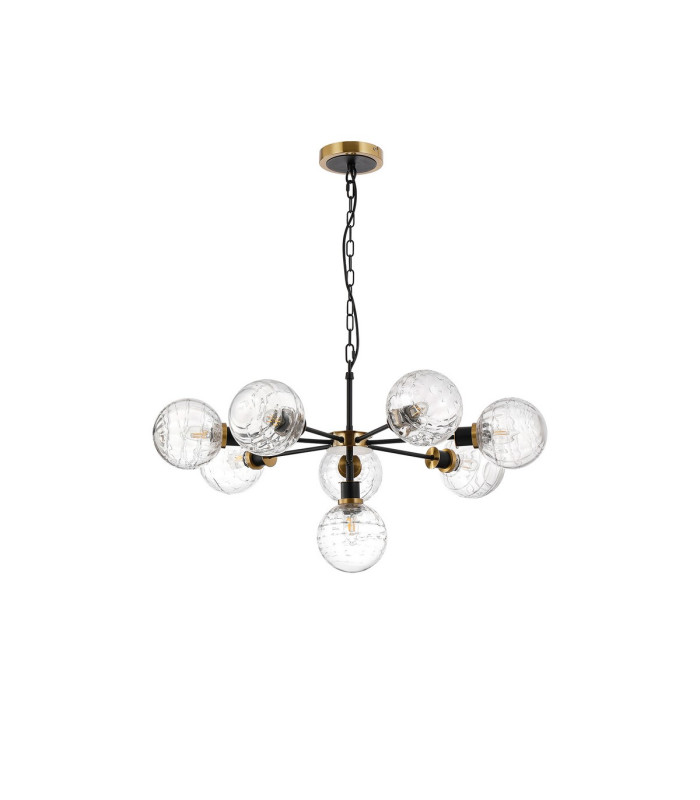 Placid 84cm Pendant 8 Light E14 15cm Round Textured Melting Glass Shade Brass Clear & Satin Black-4