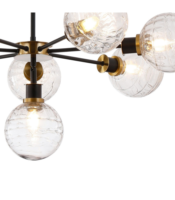 Placid 84cm Pendant 8 Light E14 15cm Round Textured Melting Glass Shade Brass Clear & Satin Black-7