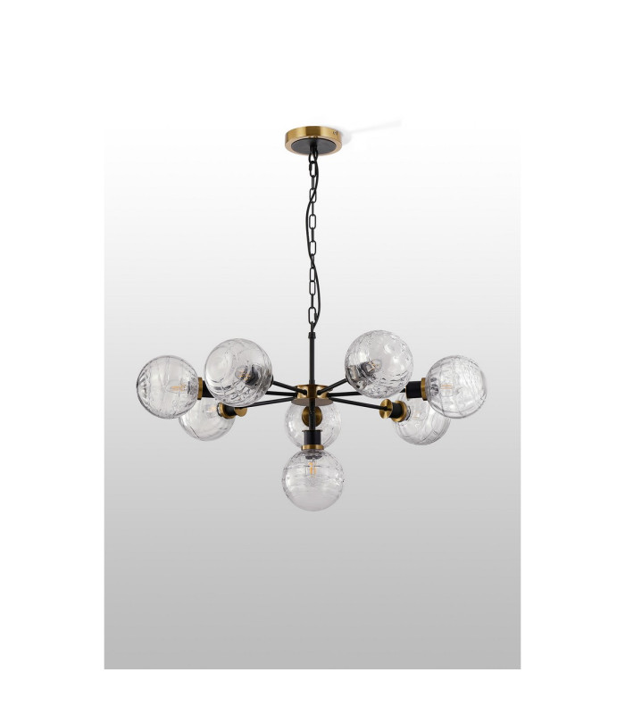 Placid 84cm Pendant 8 Light E14 15cm Round Textured Melting Glass Shade Brass Clear & Satin Black-8