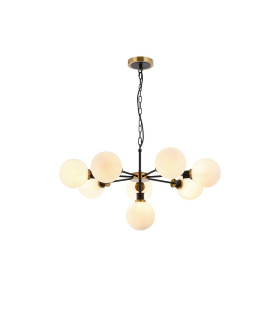 Placid 84cm Pendant 8 Light E14 15cm Round Glass Shade Brass Opal & Satin Black-1