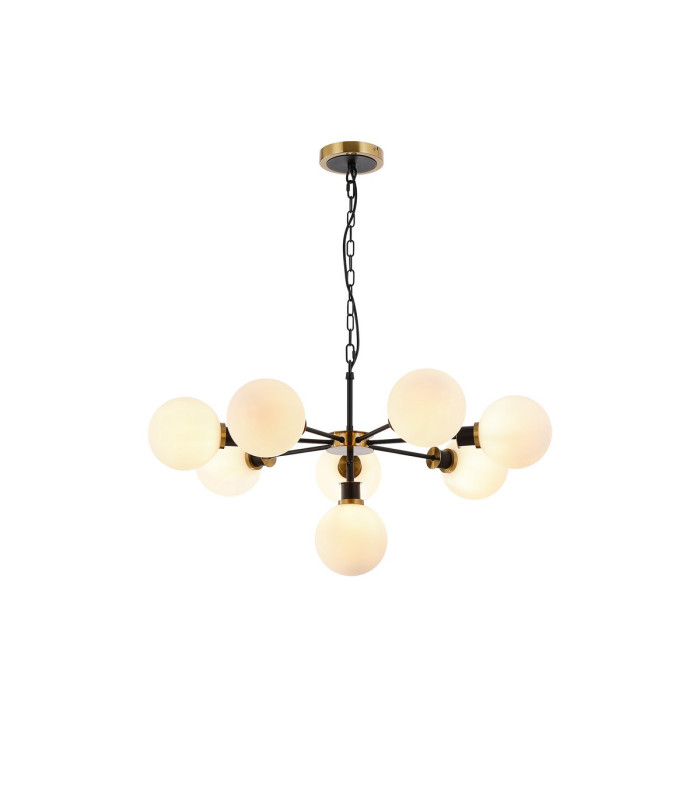 Placid 84cm Pendant 8 Light E14 15cm Round Glass Shade Brass Opal & Satin Black-1
