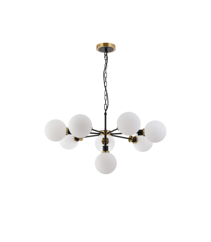Placid 84cm Pendant 8 Light E14 15cm Round Glass Shade Brass Opal & Satin Black-4