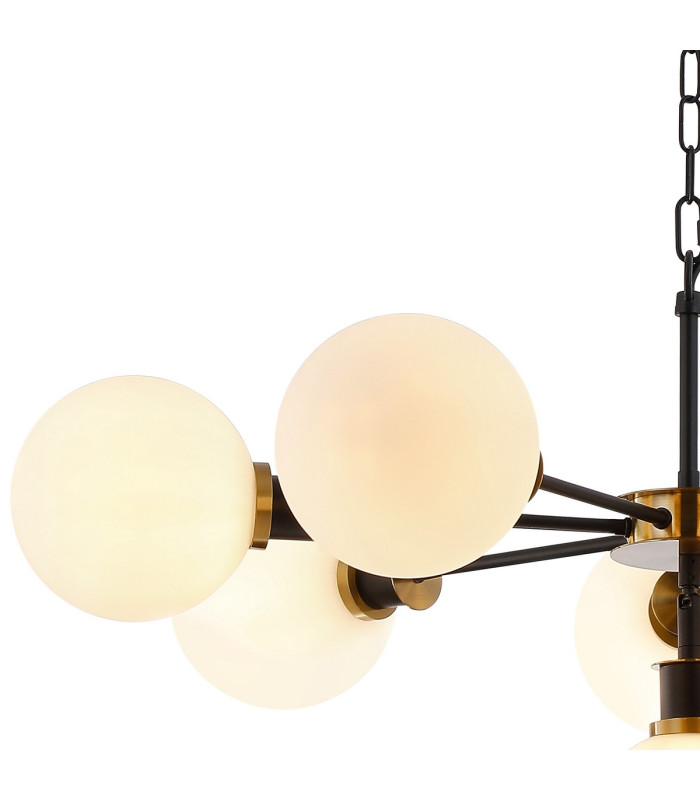 Placid 84cm Pendant 8 Light E14 15cm Round Glass Shade Brass Opal & Satin Black-6