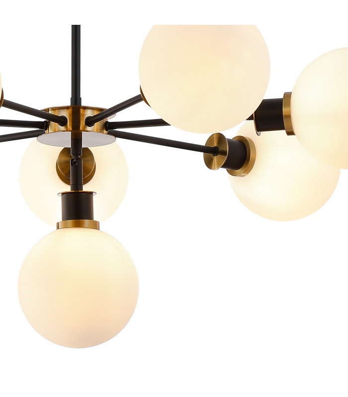 Placid 84cm Pendant 8 Light E14 15cm Round Glass Shade Brass Opal & Satin Black-7