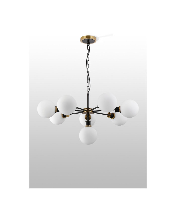 Placid 84cm Pendant 8 Light E14 15cm Round Glass Shade Brass Opal & Satin Black-8