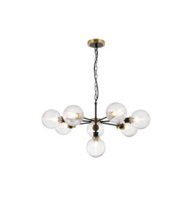 Placid 84cm Pendant 8 Light E14 15cm Round Ribbed Glass Shade Brass Clear & Satin Black-1