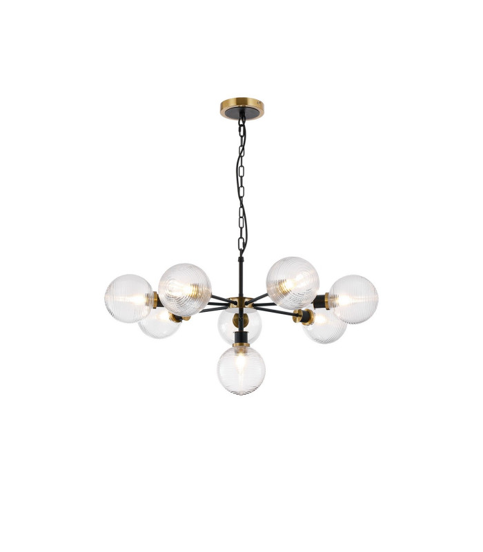 Placid 84cm Pendant 8 Light E14 15cm Round Ribbed Glass Shade Brass Clear & Satin Black-1
