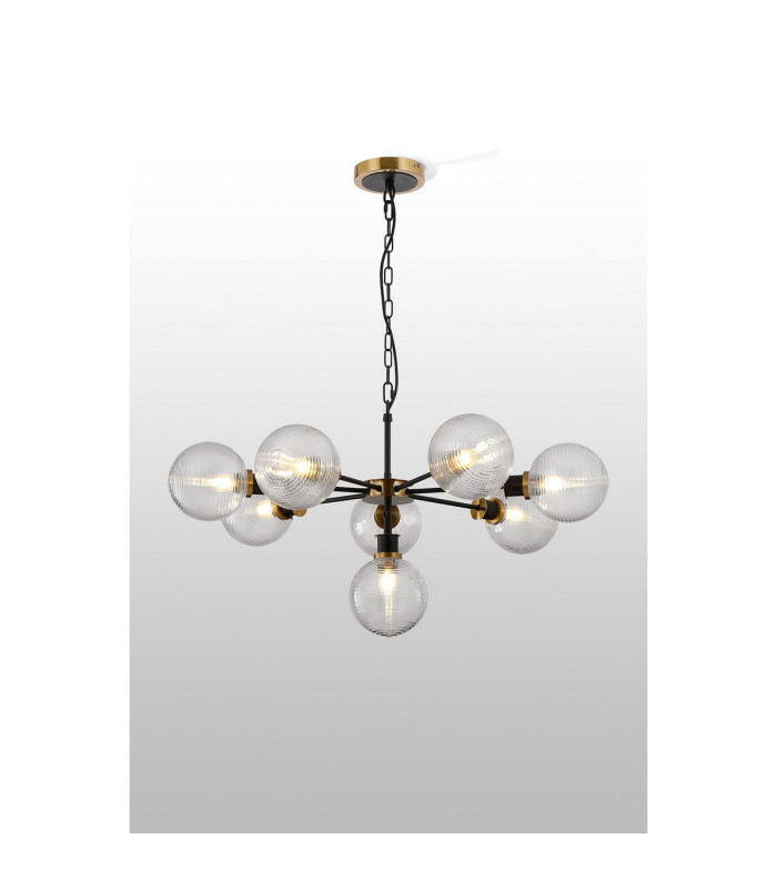 Placid 84cm Pendant 8 Light E14 15cm Round Ribbed Glass Shade Brass Clear & Satin Black-3