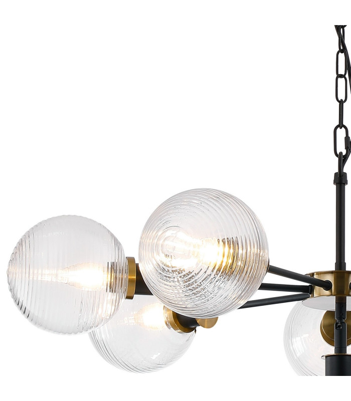 Placid 84cm Pendant 8 Light E14 15cm Round Ribbed Glass Shade Brass Clear & Satin Black-6