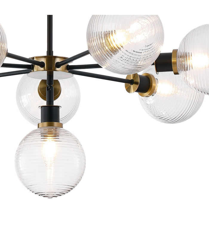 Placid 84cm Pendant 8 Light E14 15cm Round Ribbed Glass Shade Brass Clear & Satin Black-7