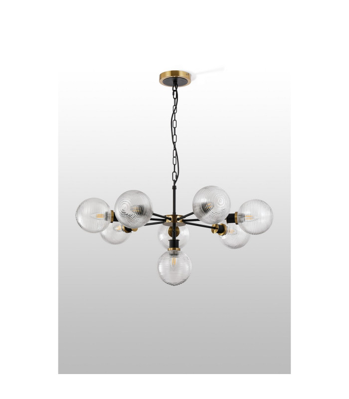 Placid 84cm Pendant 8 Light E14 15cm Round Ribbed Glass Shade Brass Clear & Satin Black-8