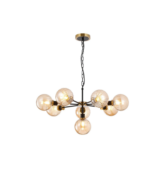 Placid 84cm Pendant 8 Light E14 15cm Round Segment Glass Shade Brass Amber Plated & Satin Black-1