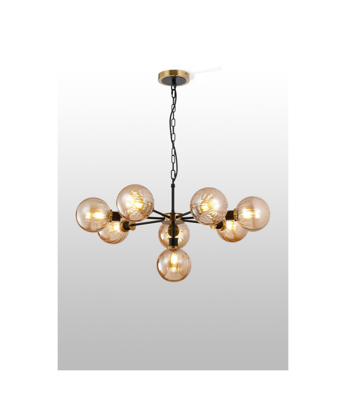 Placid 84cm Pendant 8 Light E14 15cm Round Segment Glass Shade Brass Amber Plated & Satin Black-3