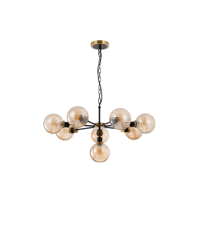 Placid 84cm Pendant 8 Light E14 15cm Round Segment Glass Shade Brass Amber Plated & Satin Black-4