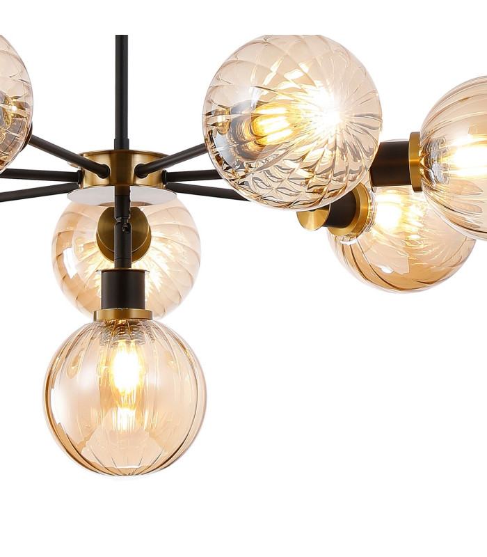 Placid 84cm Pendant 8 Light E14 15cm Round Segment Glass Shade Brass Amber Plated & Satin Black-7