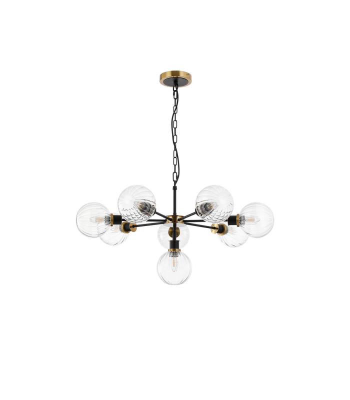 Placid 84cm Pendant 8 Light E14 15cm Round Segment Glass Shade Brass Clear & Satin Black-4