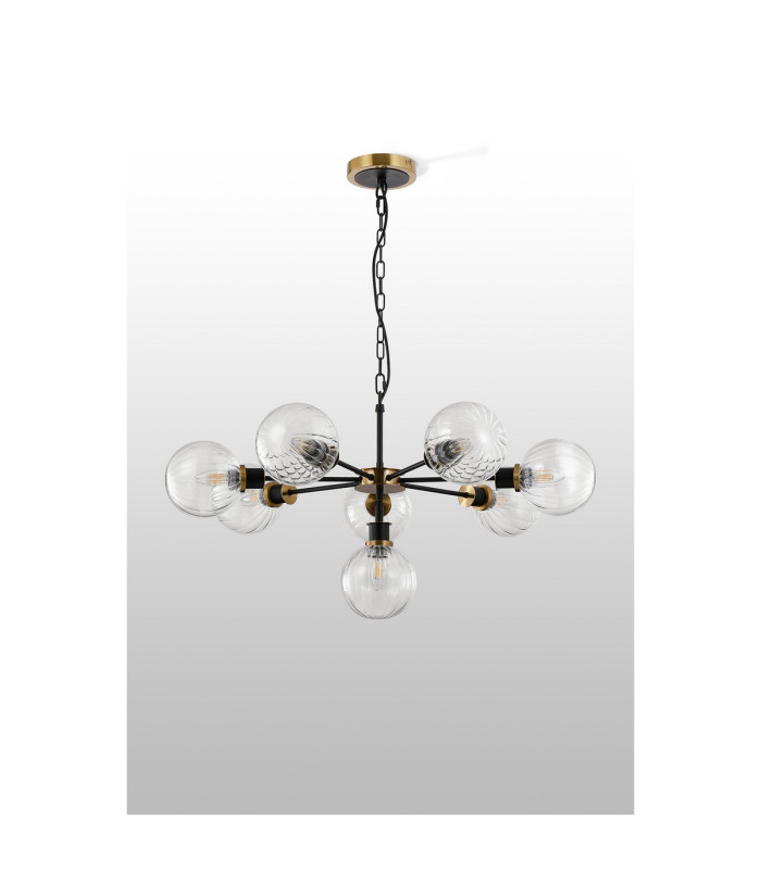 Placid 84cm Pendant 8 Light E14 15cm Round Segment Glass Shade Brass Clear & Satin Black-8