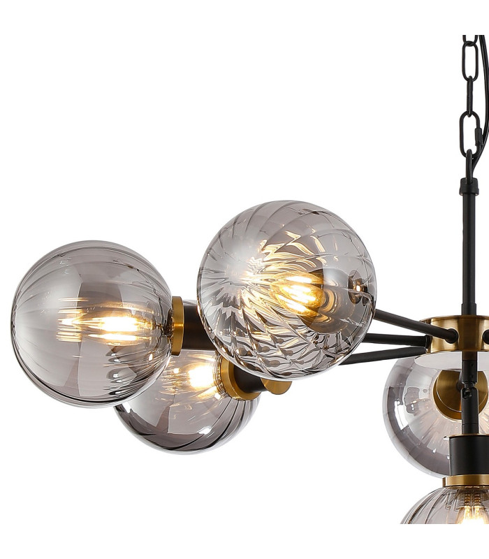 Placid 84cm Pendant 8 Light E14 15cm Round Segment Glass Shade Brass Smoke Plated & Satin Black-6