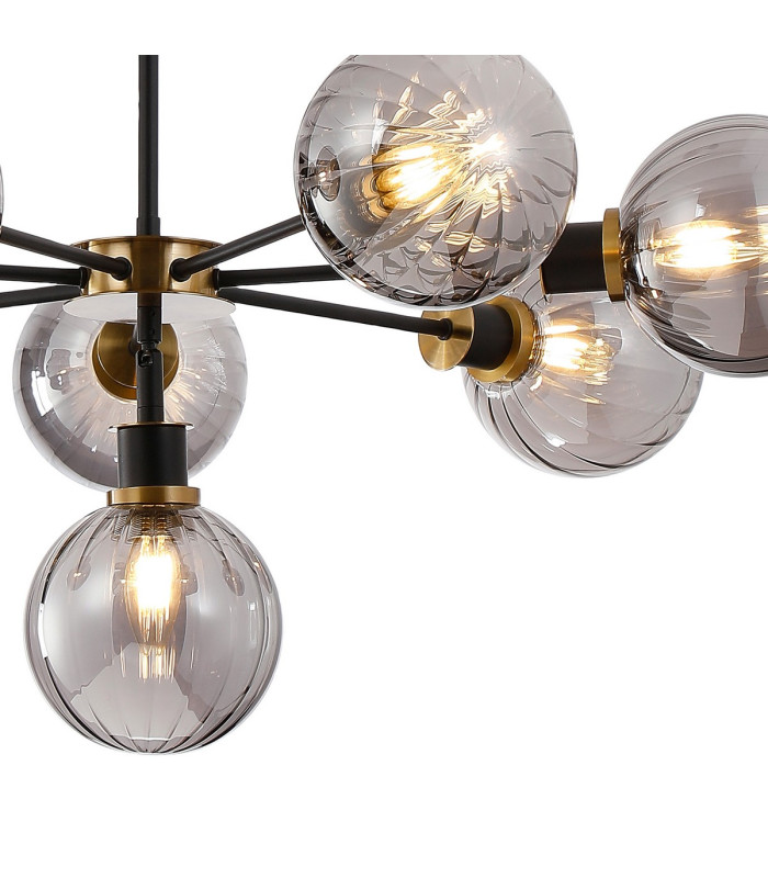 Placid 84cm Pendant 8 Light E14 15cm Round Segment Glass Shade Brass Smoke Plated & Satin Black-7
