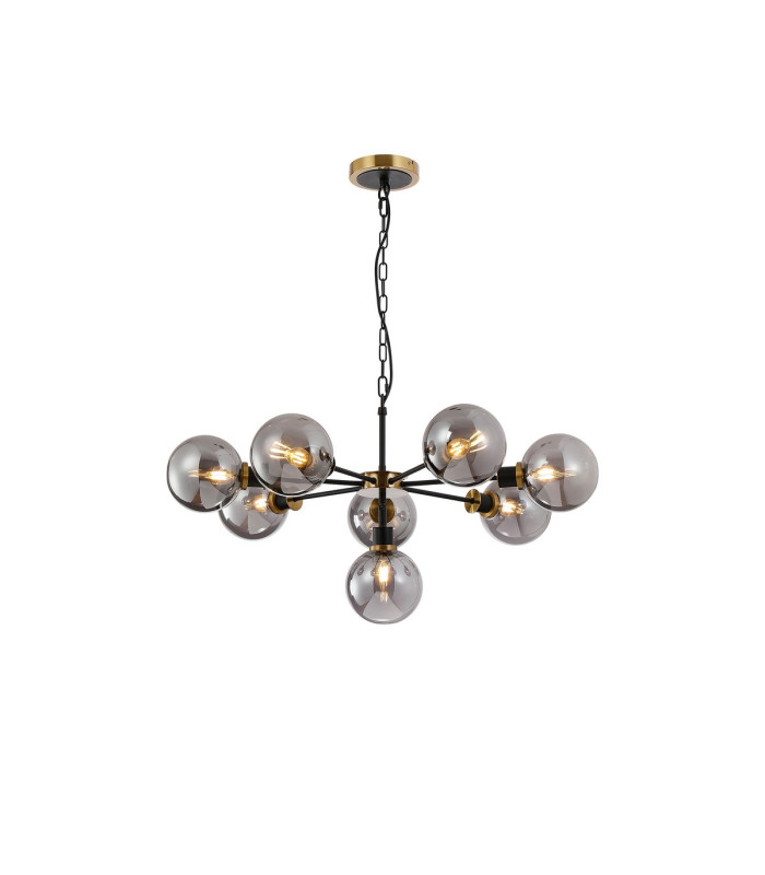 Placid 84cm Pendant 8 Light E14 15cm Round Glass Shade Brass Smoke Plated & Satin Black-1