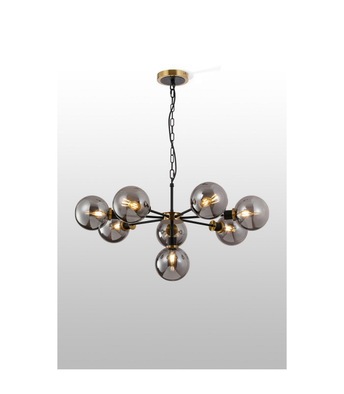Placid 84cm Pendant 8 Light E14 15cm Round Glass Shade Brass Smoke Plated & Satin Black-3