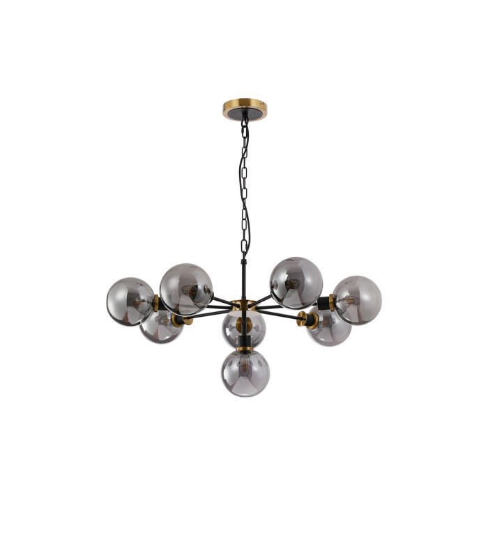 Placid 84cm Pendant 8 Light E14 15cm Round Glass Shade Brass Smoke Plated & Satin Black-4