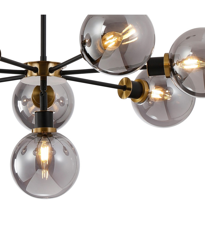 Placid 84cm Pendant 8 Light E14 15cm Round Glass Shade Brass Smoke Plated & Satin Black-7
