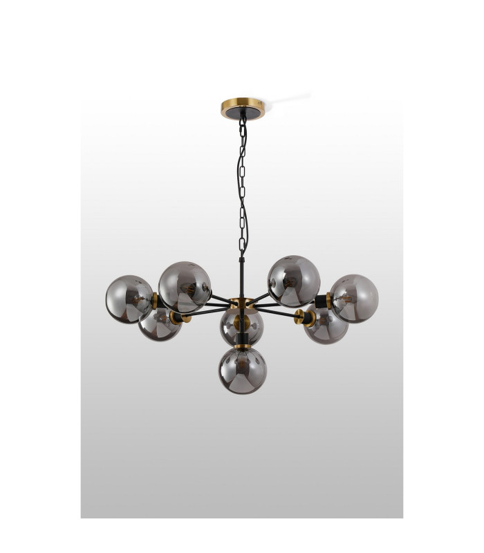 Placid 84cm Pendant 8 Light E14 15cm Round Glass Shade Brass Smoke Plated & Satin Black-8