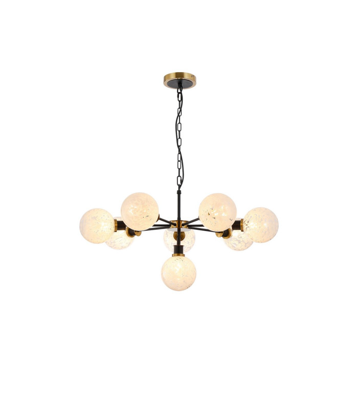 Placid 84cm Pendant 8 Light E14 15cm Round Speckled Glass Shade Brass White & Satin Black-1