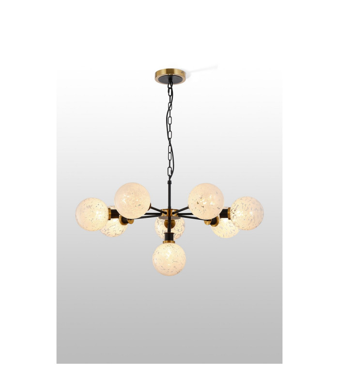 Placid 84cm Pendant 8 Light E14 15cm Round Speckled Glass Shade Brass White & Satin Black-3