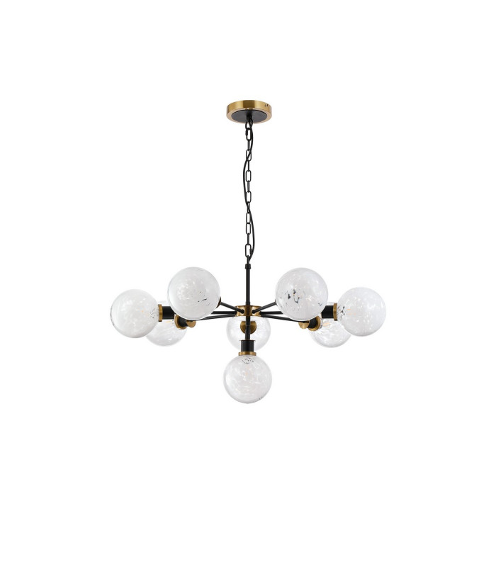 Placid 84cm Pendant 8 Light E14 15cm Round Speckled Glass Shade Brass White & Satin Black-4