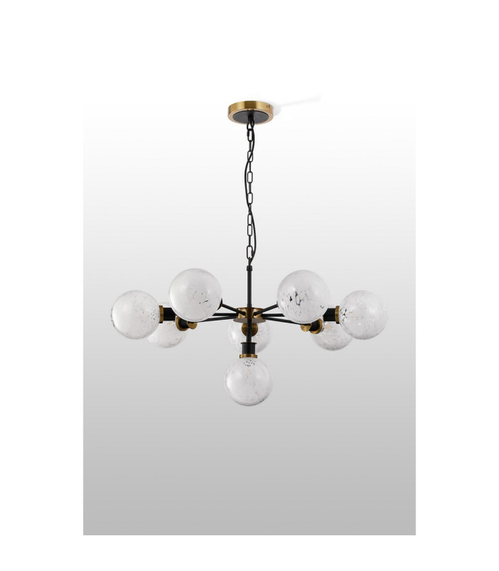 Placid 84cm Pendant 8 Light E14 15cm Round Speckled Glass Shade Brass White & Satin Black-8