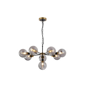 Placid 84cm Pendant 8 Light E14 15cm Round Double Textured Smooth / Ribbed Glass Shade Brass Smoke Plated & Satin Black-1