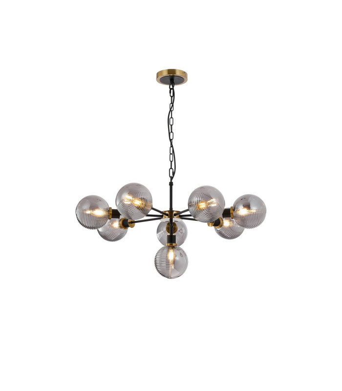 Placid 84cm Pendant 8 Light E14 15cm Round Double Textured Smooth / Ribbed Glass Shade Brass Smoke Plated & Satin Black-1