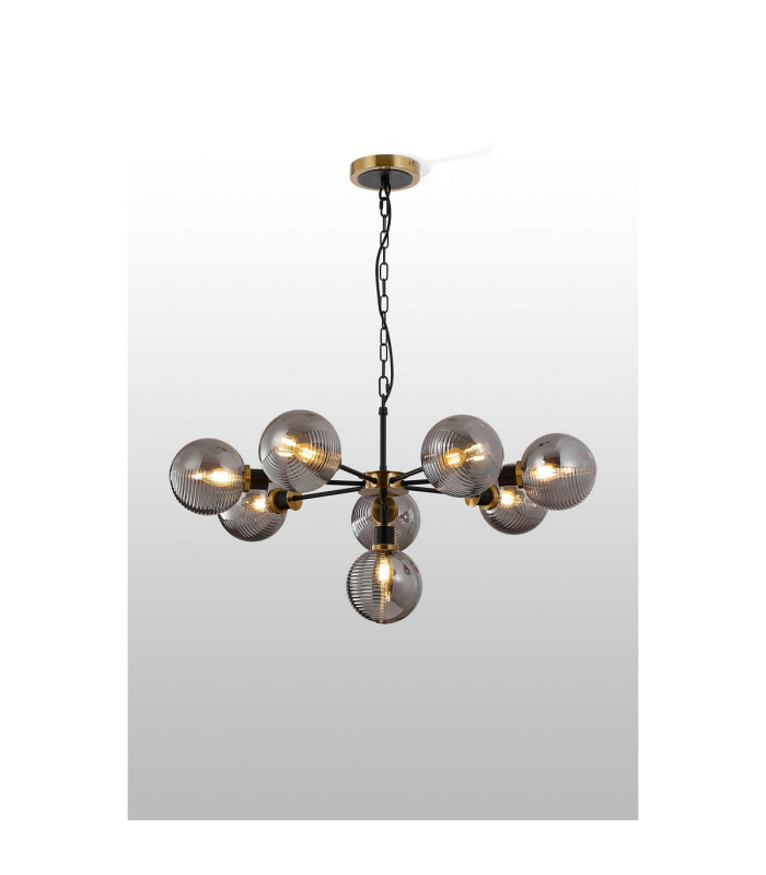 Placid 84cm Pendant 8 Light E14 15cm Round Double Textured Smooth / Ribbed Glass Shade Brass Smoke Plated & Satin Black-3