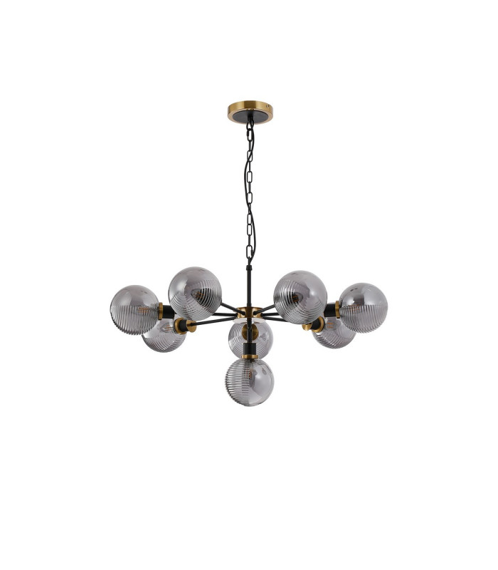 Placid 84cm Pendant 8 Light E14 15cm Round Double Textured Smooth / Ribbed Glass Shade Brass Smoke Plated & Satin Black-4