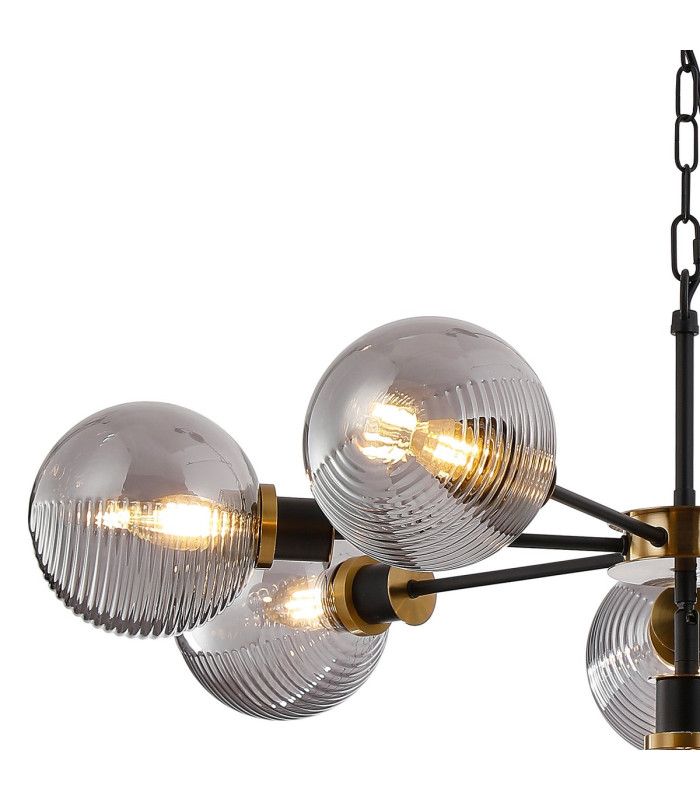 Placid 84cm Pendant 8 Light E14 15cm Round Double Textured Smooth / Ribbed Glass Shade Brass Smoke Plated & Satin Black-6
