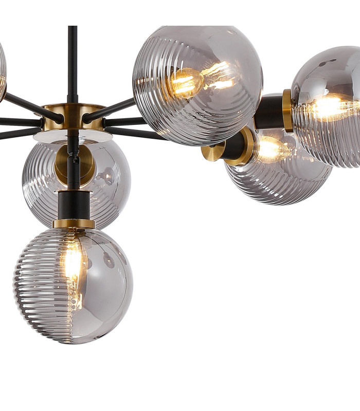 Placid 84cm Pendant 8 Light E14 15cm Round Double Textured Smooth / Ribbed Glass Shade Brass Smoke Plated & Satin Black-7
