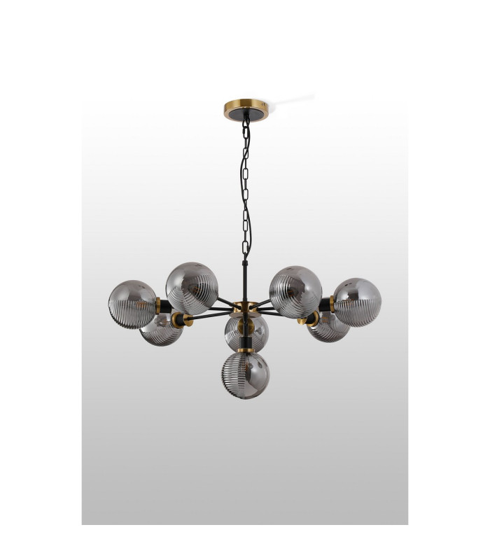 Placid 84cm Pendant 8 Light E14 15cm Round Double Textured Smooth / Ribbed Glass Shade Brass Smoke Plated & Satin Black-8
