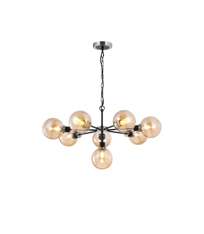 Placid 84cm Pendant 8 Light E14 15cm Round Glass Shade Satin Nickel Amber Plated & Satin Black-1